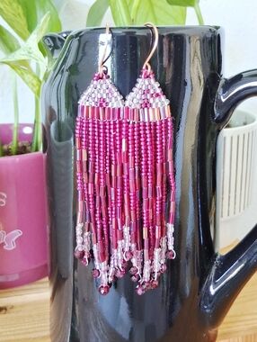 BOGO EARRINGS Beaded Fringe Cascade Shoulder Duster Dangle Boho Chic Plum 4"